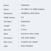 PREMIUM USB TYPE C TO HDMI Adapter, SUPPORT AUDIO-VIDEO 4K/60HZ ,USB3.1 COX cable 36-34 WITH BRAIDING, Gold plated,with Alumium housing, Printing CABLETIME RoHS , SKU- CT-C160-PU31-CMHDFn1-S0.2